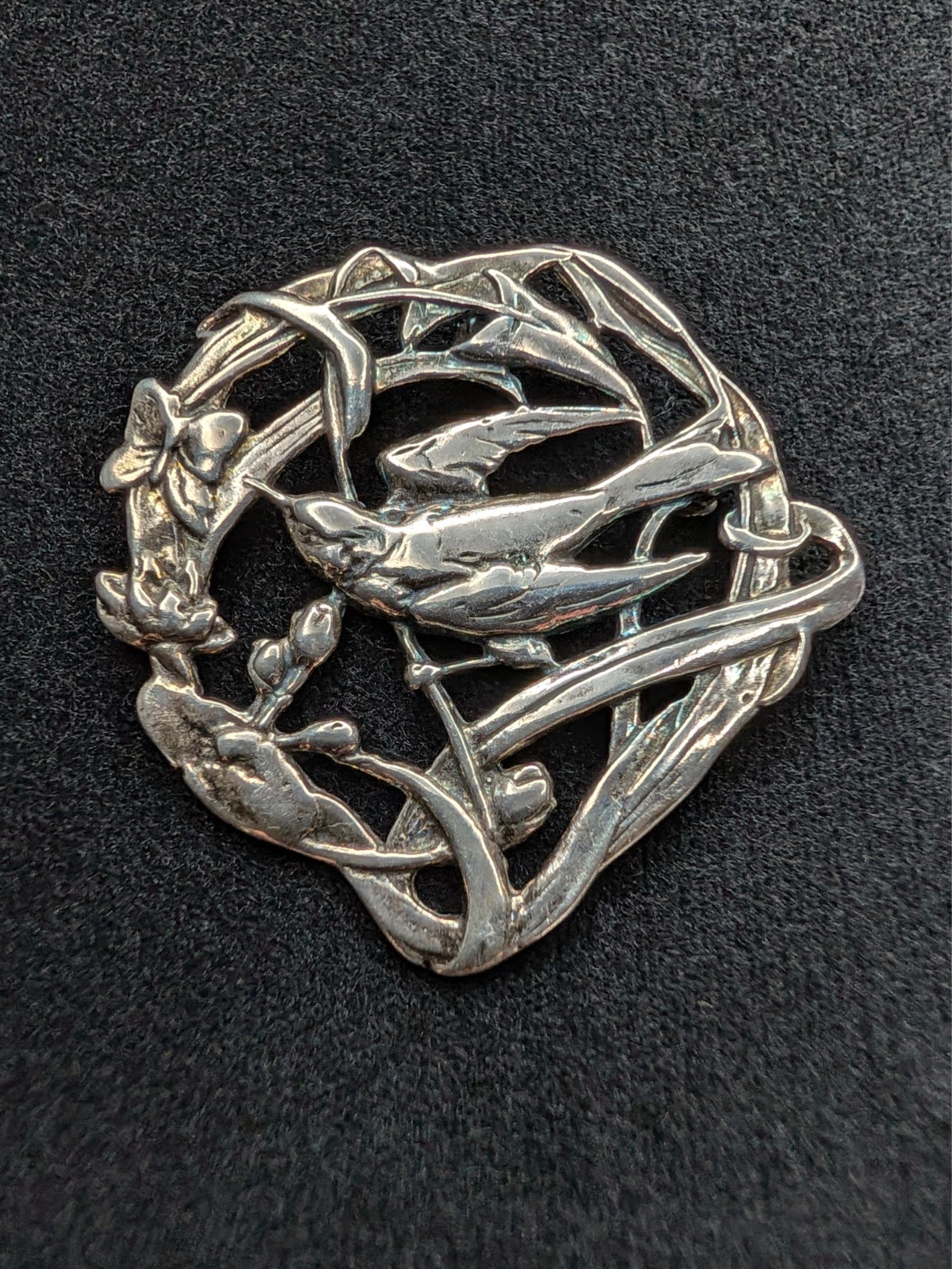 Vintage Jalaine Sterling Silver Art Nouveau Brooch / Pendant  Sparrow, Butterfly