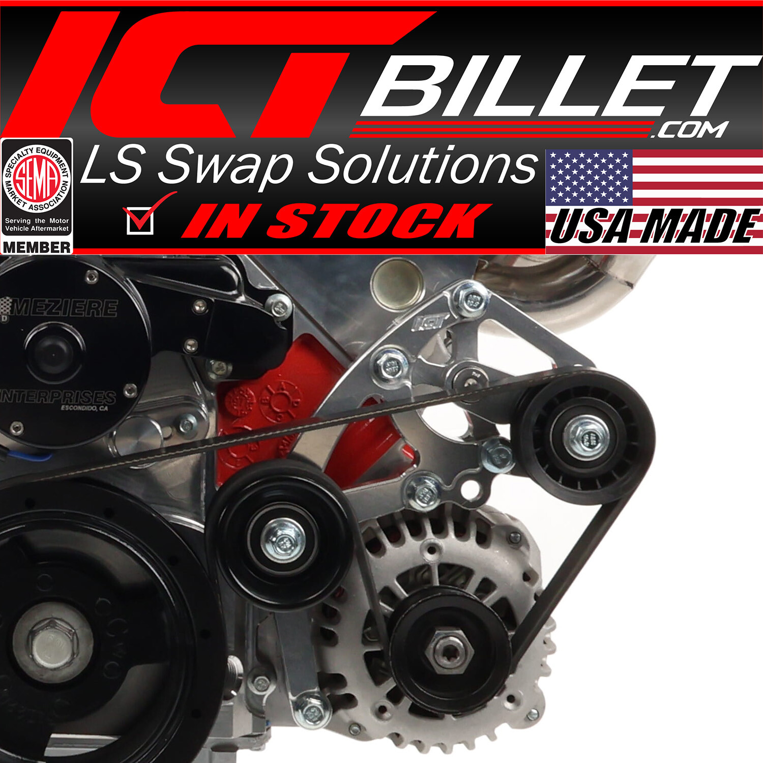 LS Low Mount Alternator Bracket for Electric Water Pump w/ Manual Tensioner C...