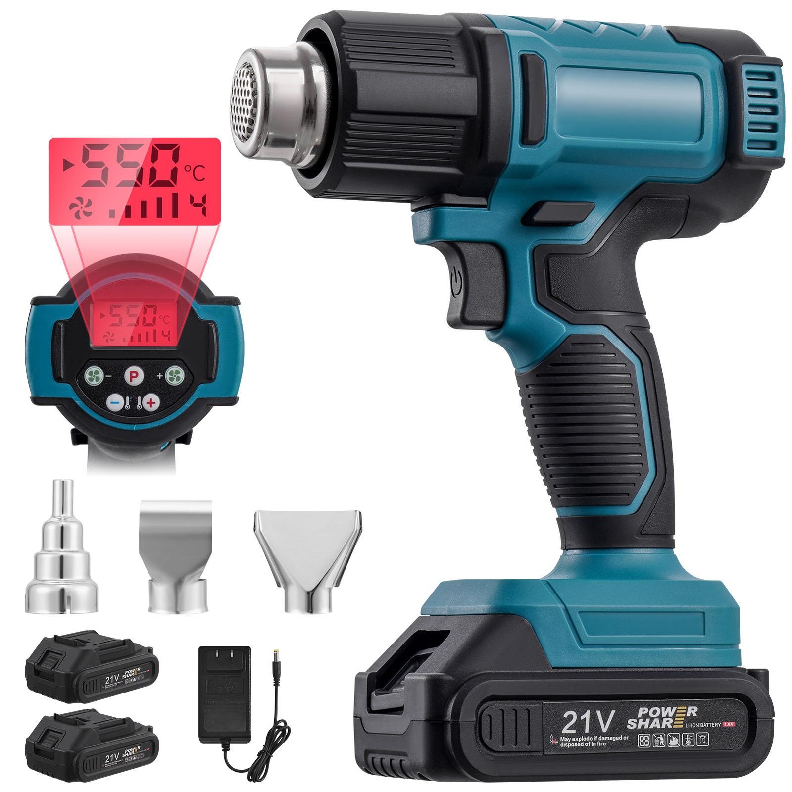 350W Cordless Heat Gun Hot Air Gun 21V Max Li-ion Battery W/3 Nozzles