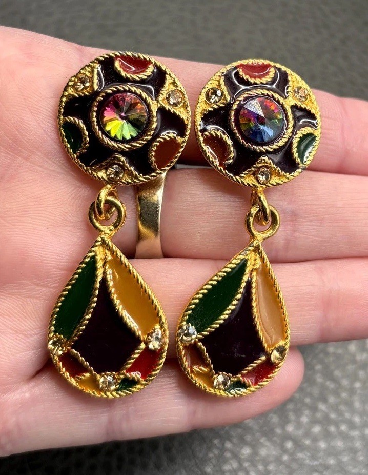 VTG 80s 90s Byzantine Style Watermelon Rivoli Enamel Rhinestone Dangle Earrings VTG 80s 90s Byzantine Style Watermelon Rivoli Enamel Rhinestone Dangle Earrings