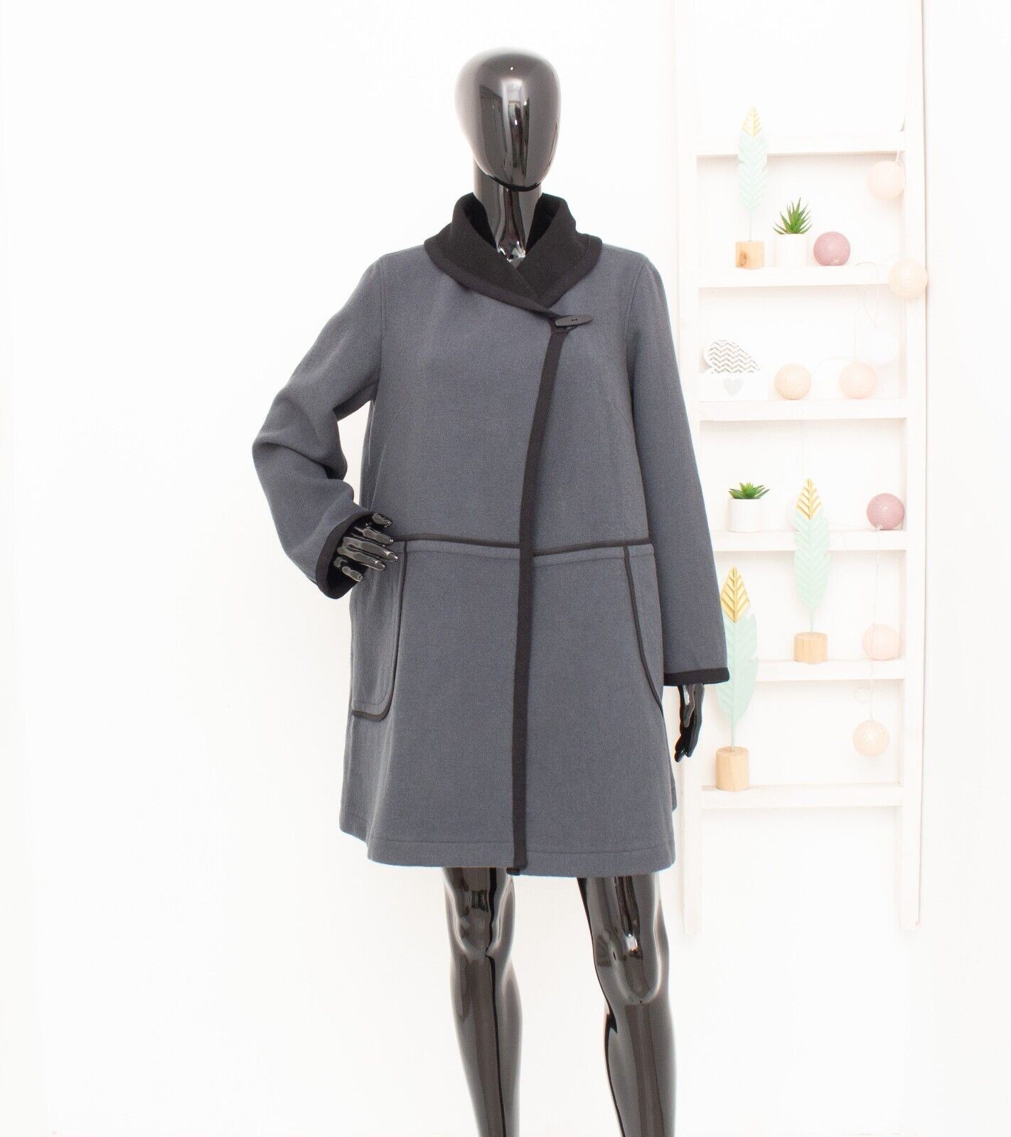 Oleana Wool Coat A-Line Grey Black Shawl Collar Autumn Winter Jacket Women\'s S