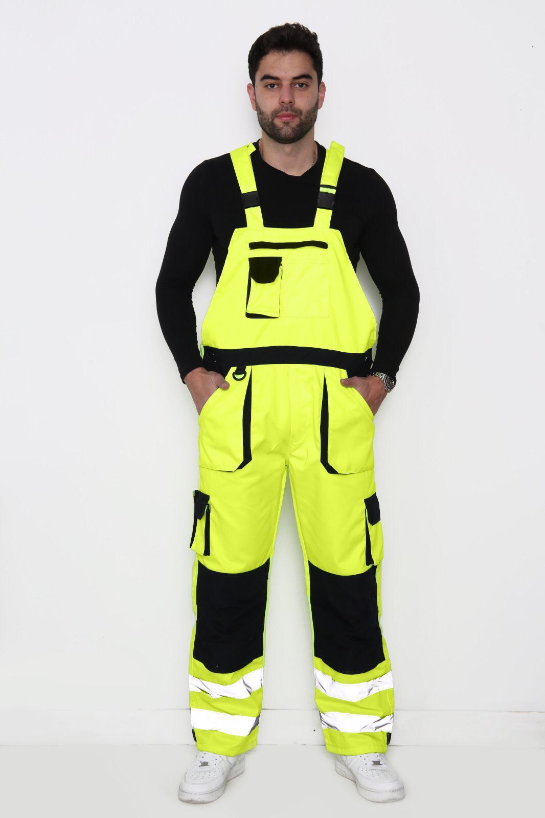 Men\'s Hi Vis Contrast Bib & Brace Dungaree Work Wear Breathable Overall Dungaree