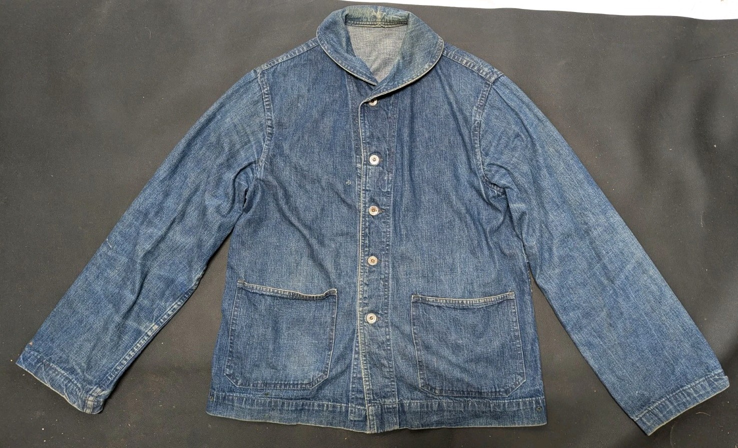 VTG 40s DENIM WW2 US WWII NAVY SHAWL COLLAR JACKET LAUREL BUTTON MENS CHORE USN