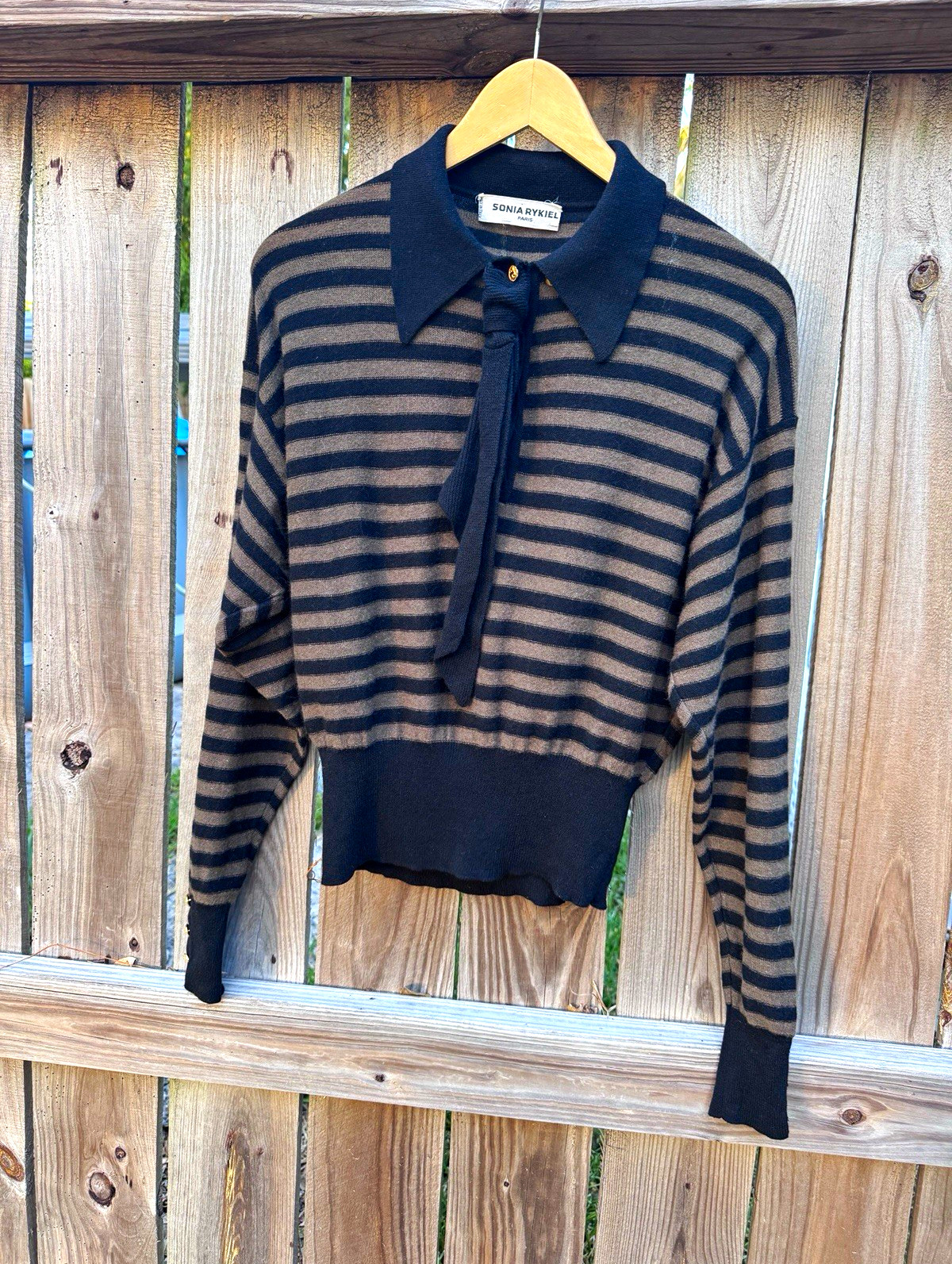 70s Sonia Rykiel Paris Women\'s Black Brown Stripe Collared TieNeck Knit Pullover