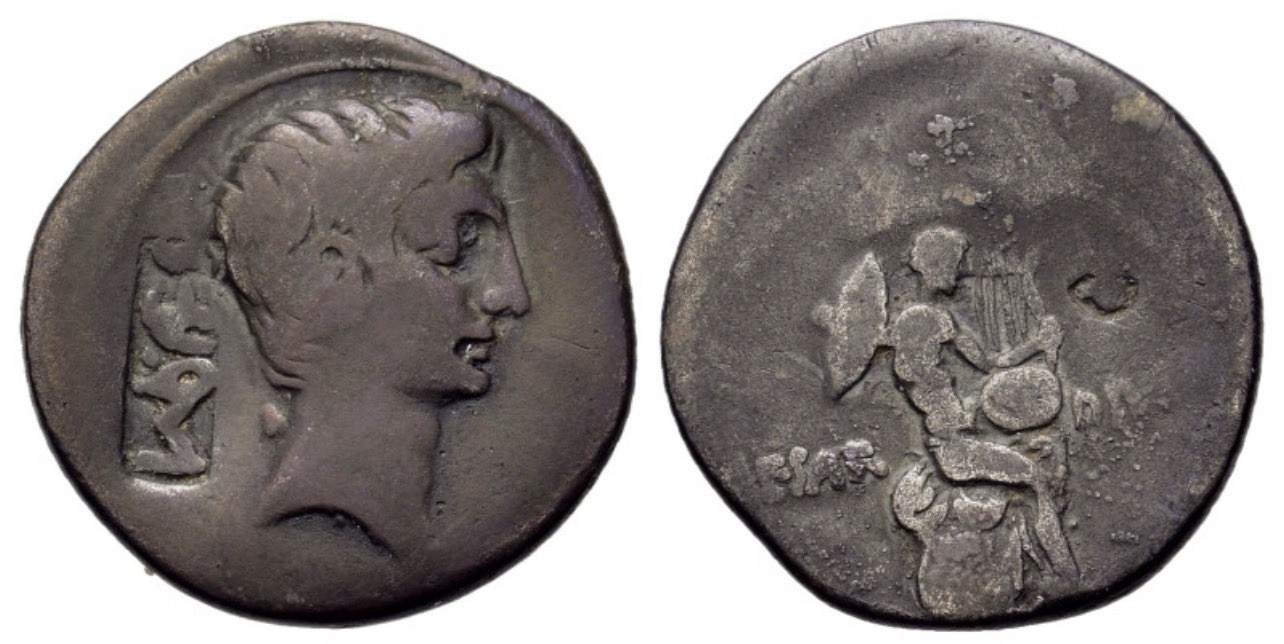 Octavian Augustus AR Denarius Vespasian IMP VES Countermark RIC 257