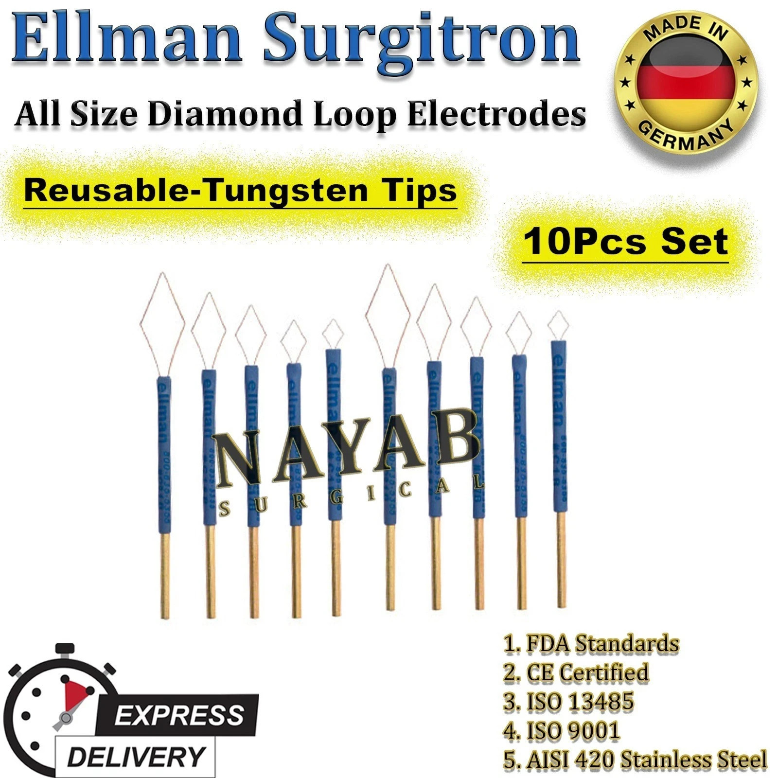 10X Ellman Surgitron Diamond Loop Electrodes Reusable-Autoclavable Tungsten Tips
