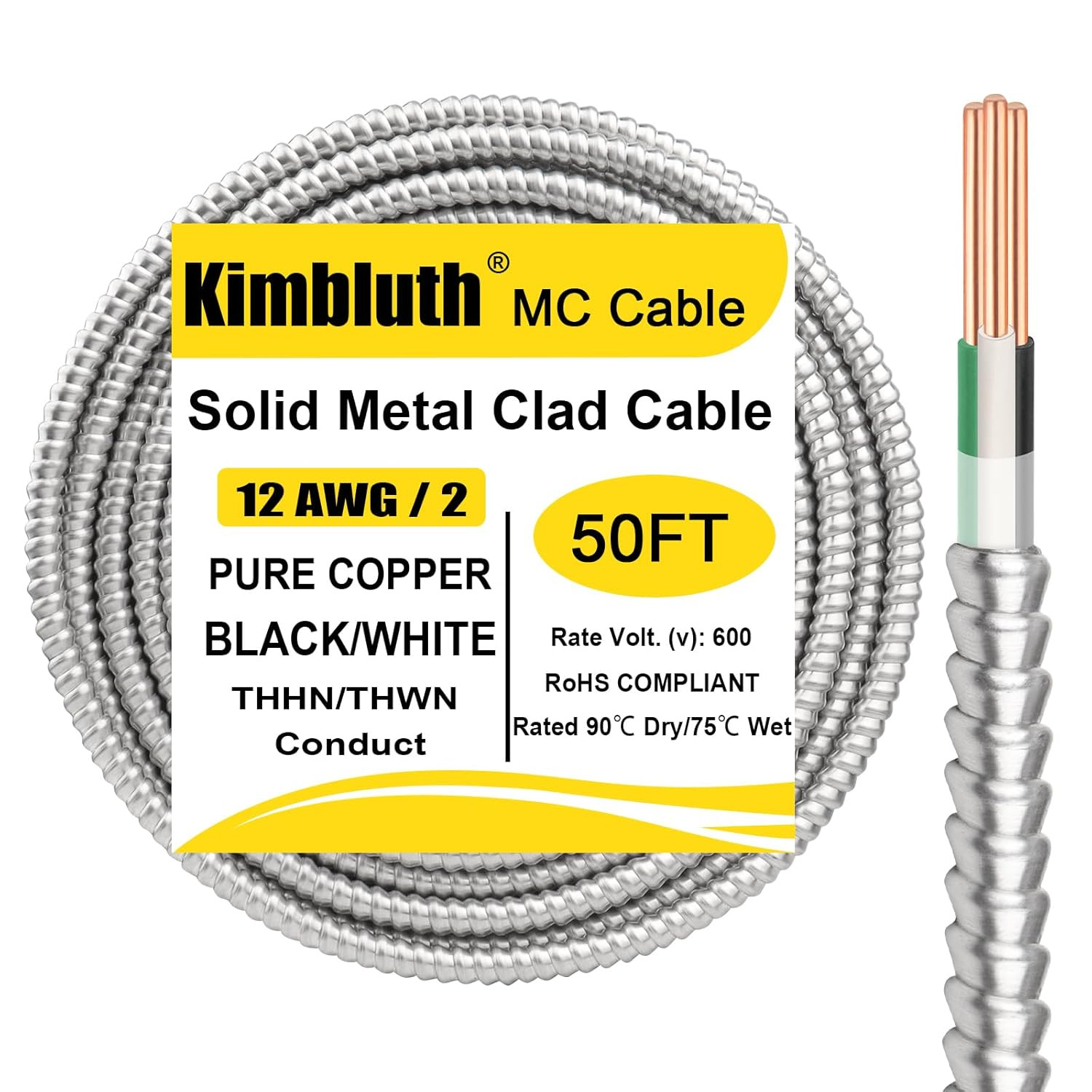 12/2 Metal Clad Cable with Ground 50Ft, 12 Gauge Electric Wire with Aluminum 12/2 Metal Clad Cable with Ground 50Ft, 12 Gauge Electric Wire with Aluminum
