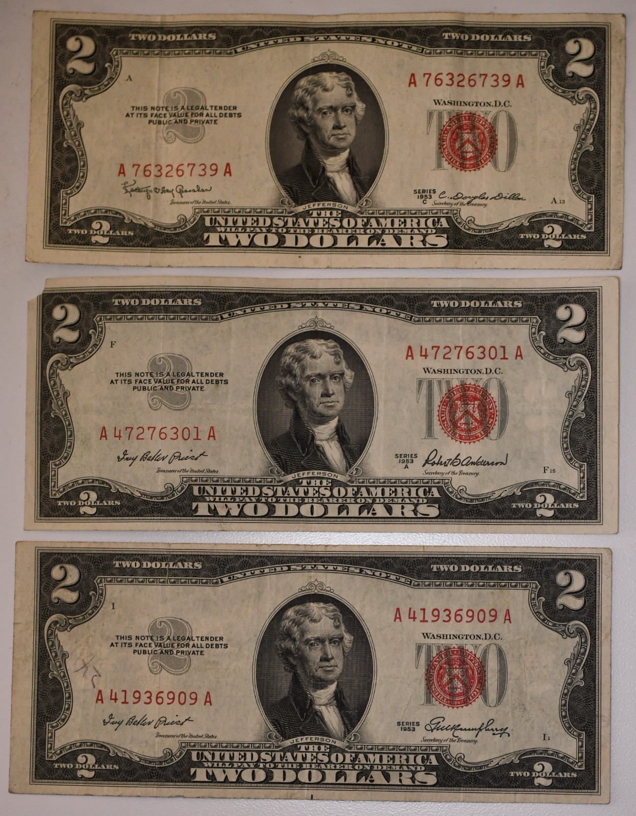 1953 1953-A 1953-C Series Red Seal Two Dollar Bills Exact Notes Shown 1953 1953-A 1953-C Series Red Seal Two Dollar Bills Exact Notes Shown