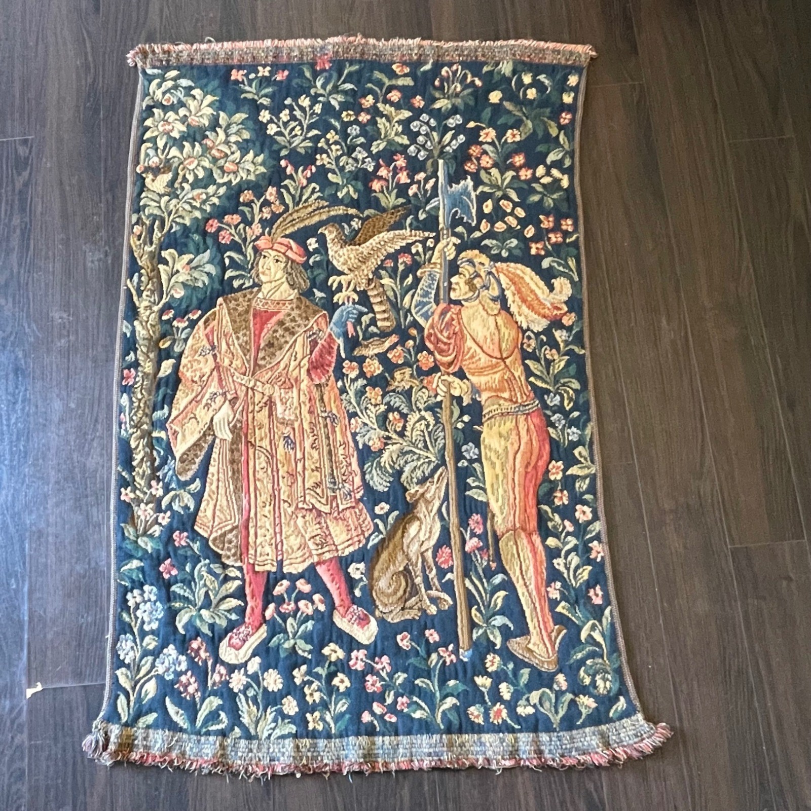 Vintage French Aubusson Medieval Hunting  Millefleurs Woven Hanging Tapestry