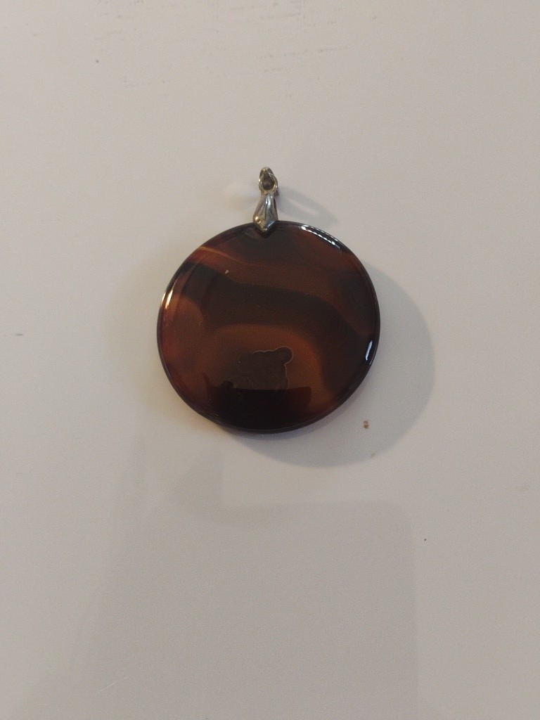 Estate Large Shades of Brown Round Agate Stone Pendant w Silvertone Bail – 2 in