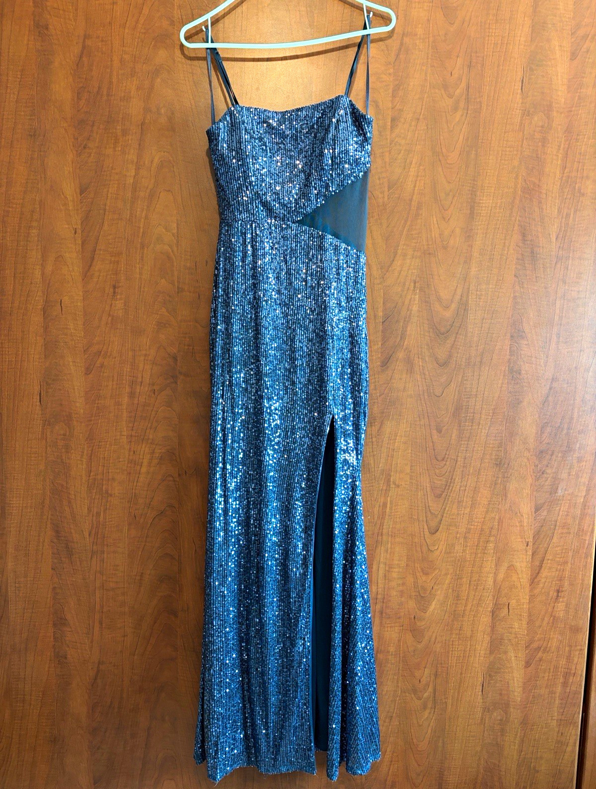 Trixxi Blue Sequin Sheer Mesh Strappy Sleeveless Zip Maxi Dress Juniors 9