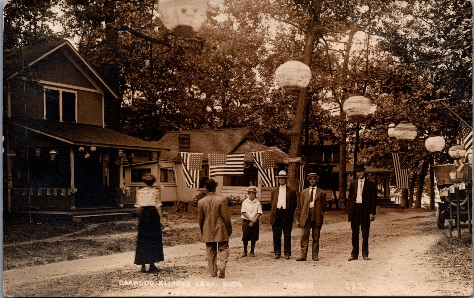 RPPC Klinger Lake Michigan 1913 Oakwood Resort Lanterns & Flags