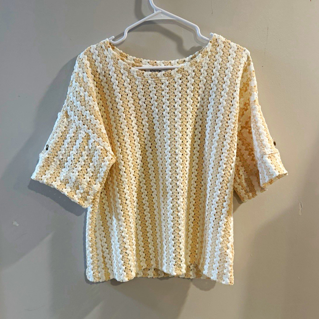 Chico\'s Crochet Knit Striped Boat Neck Short Sleeve Top Button Beige/White M