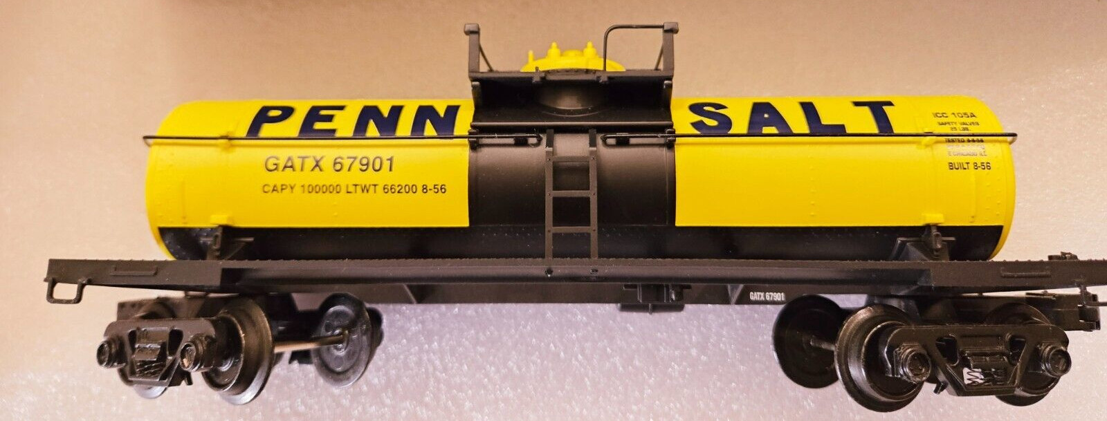 Industrial Rail 027 Penn Salt 67929 Single Dome Tank Car with Metal Tracks 6001 Industrial Rail 027 Penn Salt 67929 Single Dome Tank Car with Metal Tracks 6001