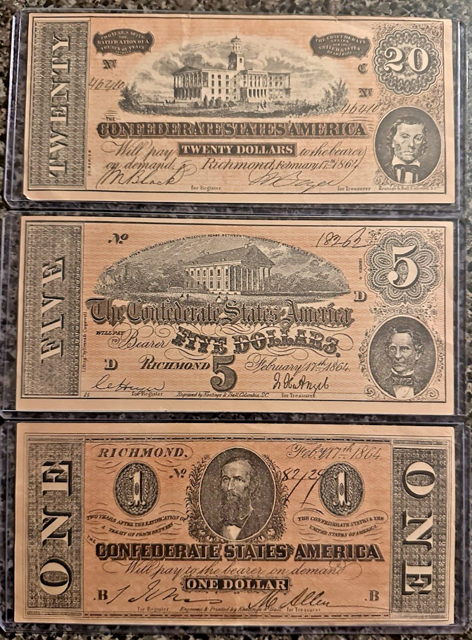 Lot of 3 Confederate States of America Bills $1, $5 & $20 Whitman Series