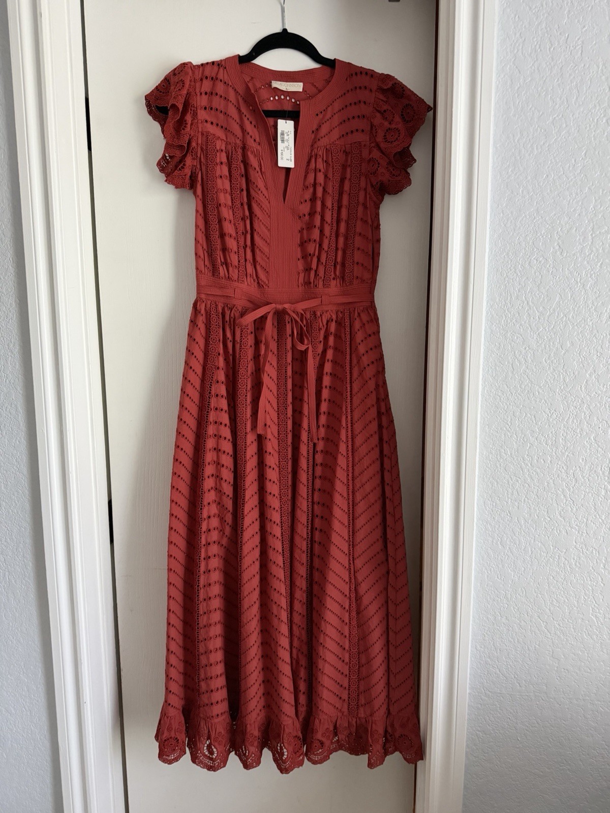 Ulla Johnson Red Lace Eyelet V-Neck Flutter Sleeve Tie Belted Midi Dress 2 Ulla Johnson Red Lace Eyelet V-Neck Flutter Sleeve Tie Belted Midi Dress 2