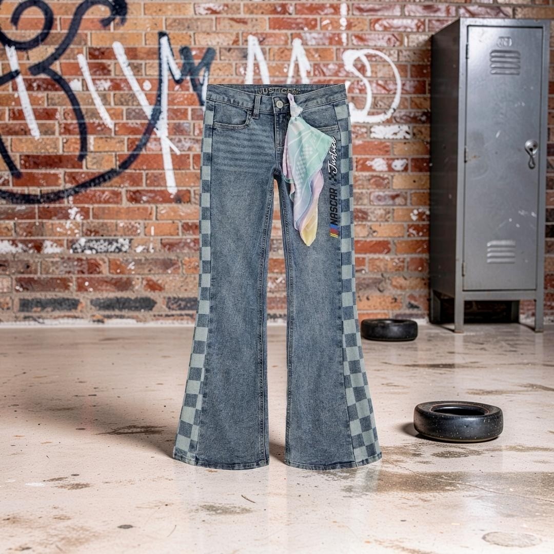Justice x NASCAR Girls Acid Wash Flare Jeans Checkered Side Panel w/Bandana; 10 Justice x NASCAR Girls Acid Wash Flare Jeans Checkered Side Panel w/Bandana; 10
