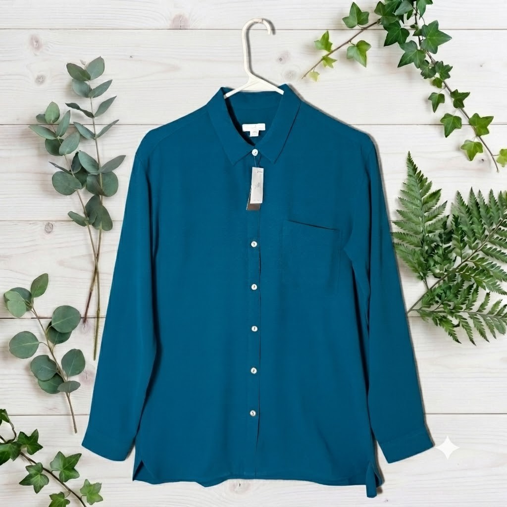 NWT J Jill Top S Persian Blue Teal Career Button Up Long Sleeves Flowy Collar