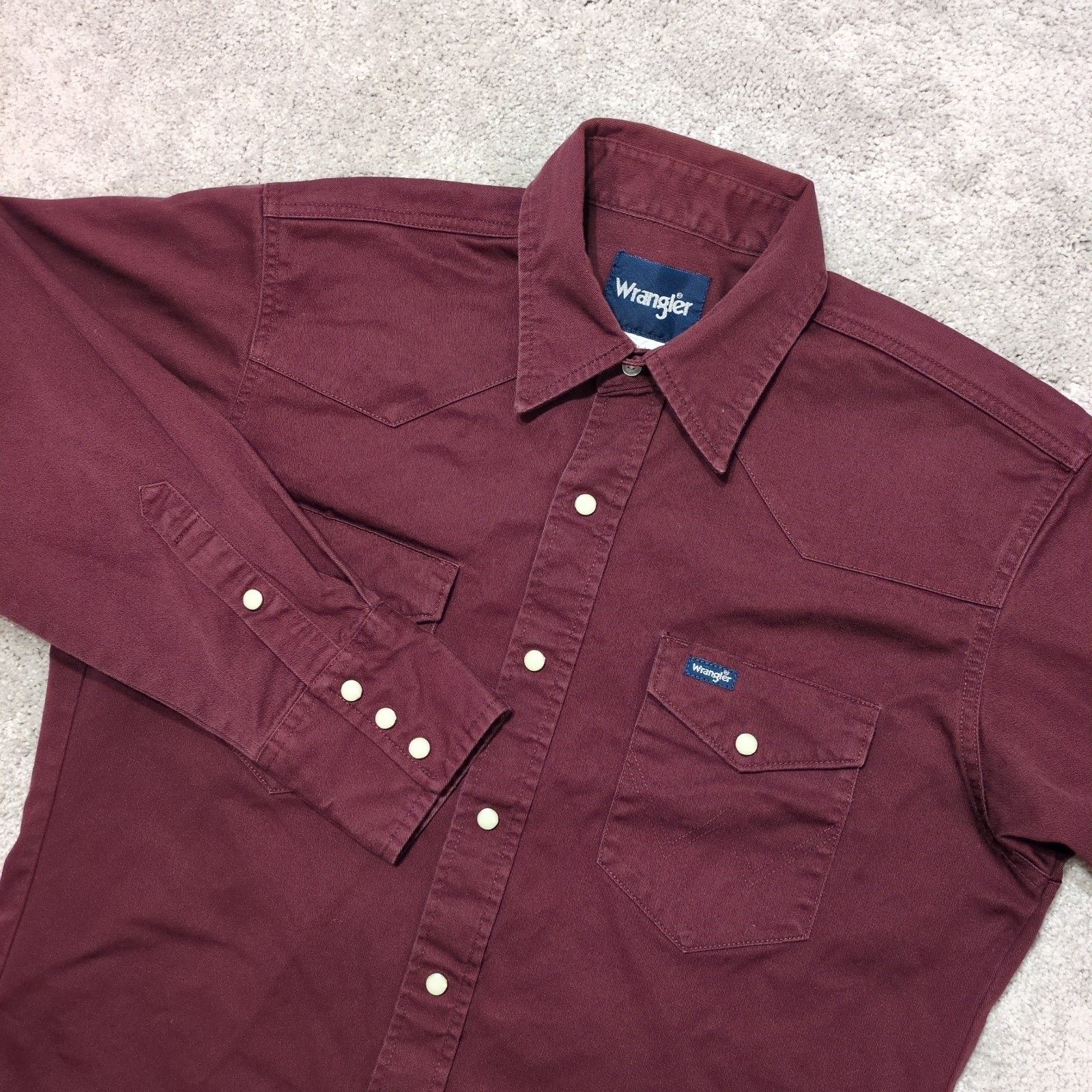 Vintage Wrangler Shirt Mens Med Maroon Brushpopper Pearl Snap Western Cowboy EUC
