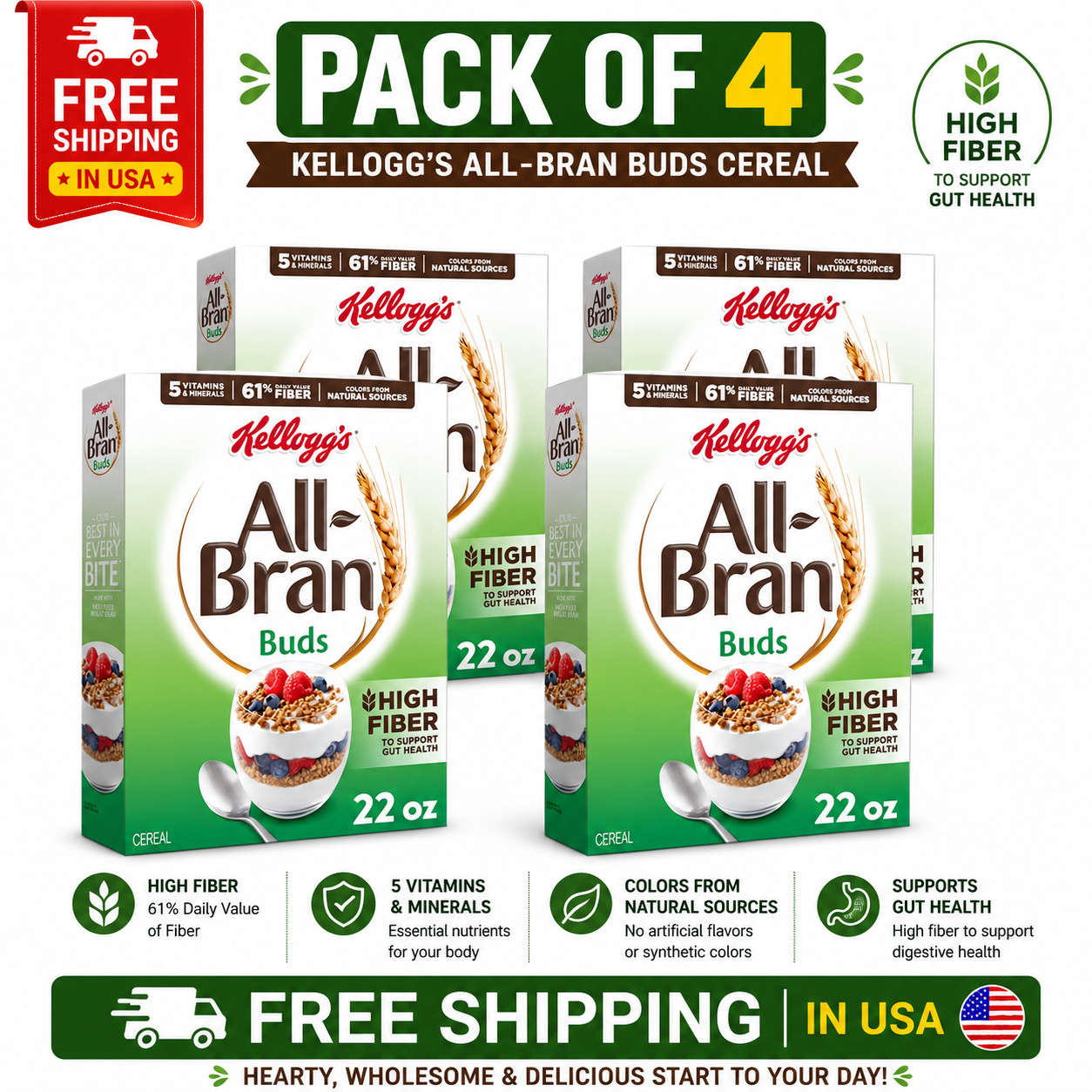4 pack Kellogg\'s All Bran Buds Breakfast Cereal 8 Vitamins and Minerals High New