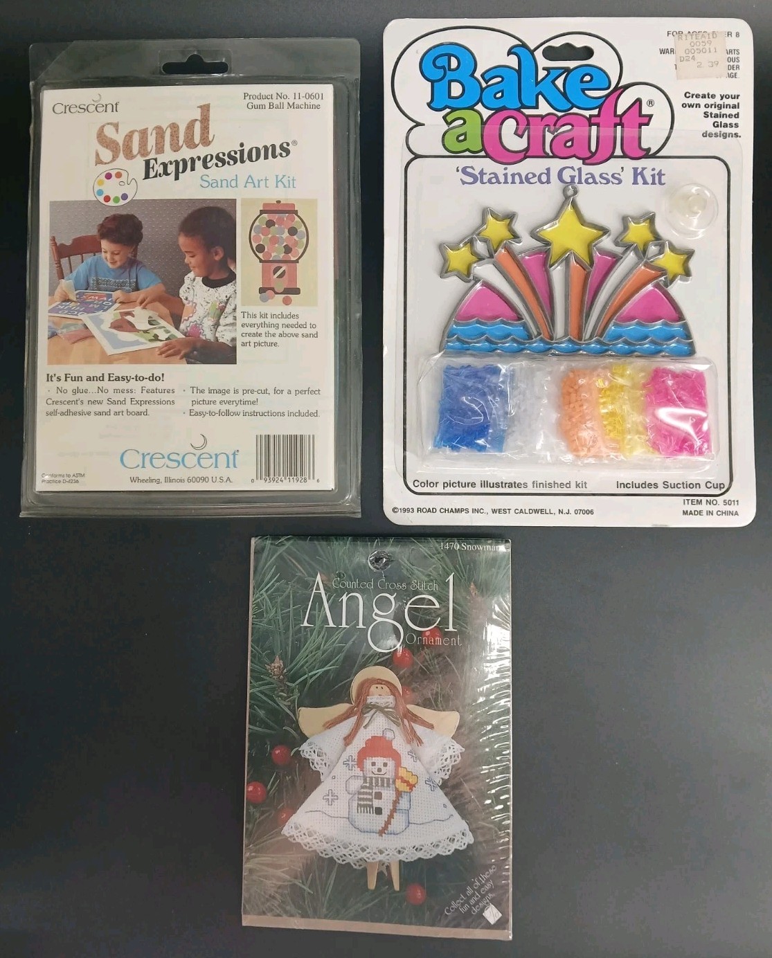 Vintage 1990s NOS Craft Kit Lot Sand Art Stained Glass Cross Stitch Sealed