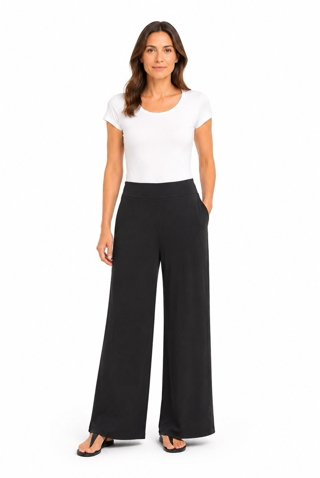 Three Dots Wide Leg Elastic Waist Stretch Black Solid Women\'s Pants Regular S Three Dots Wide Leg Elastic Waist Stretch Black Solid Women\'s Pants Regular S