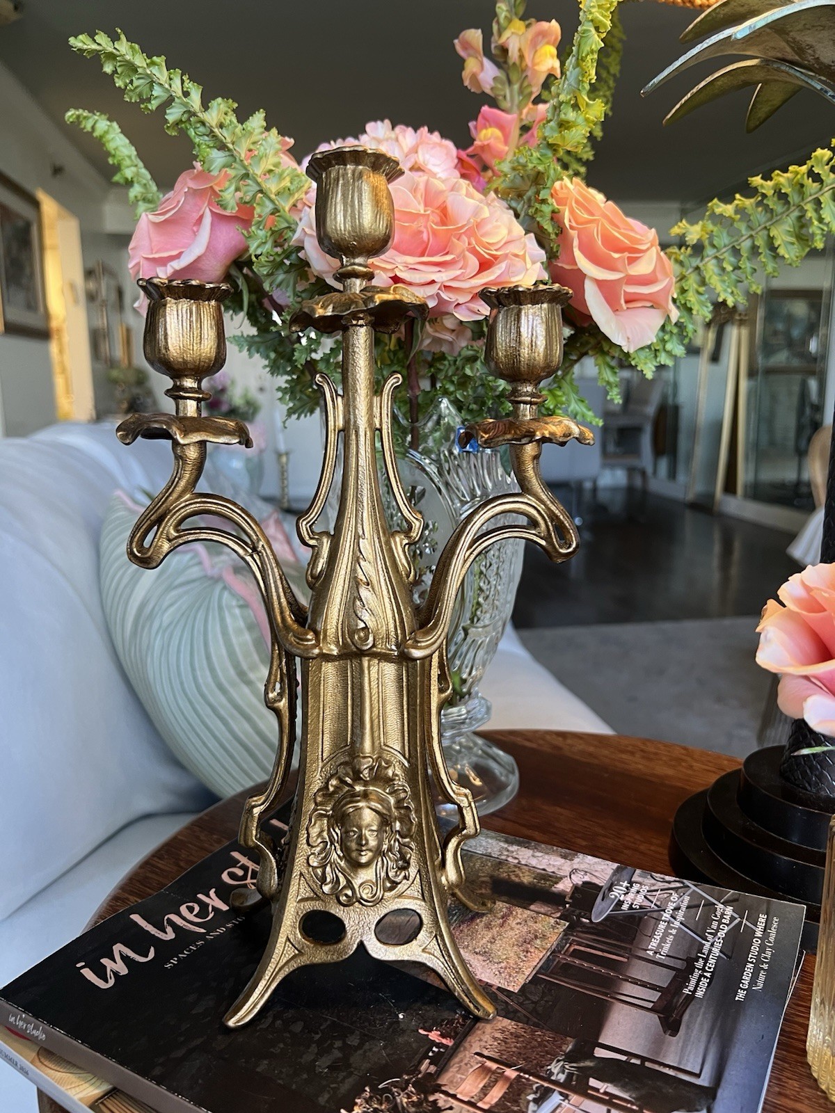 Antique Art Nouveau Jugendstil Gilt Bronze Figural Lady Face 3-Light Candelabra