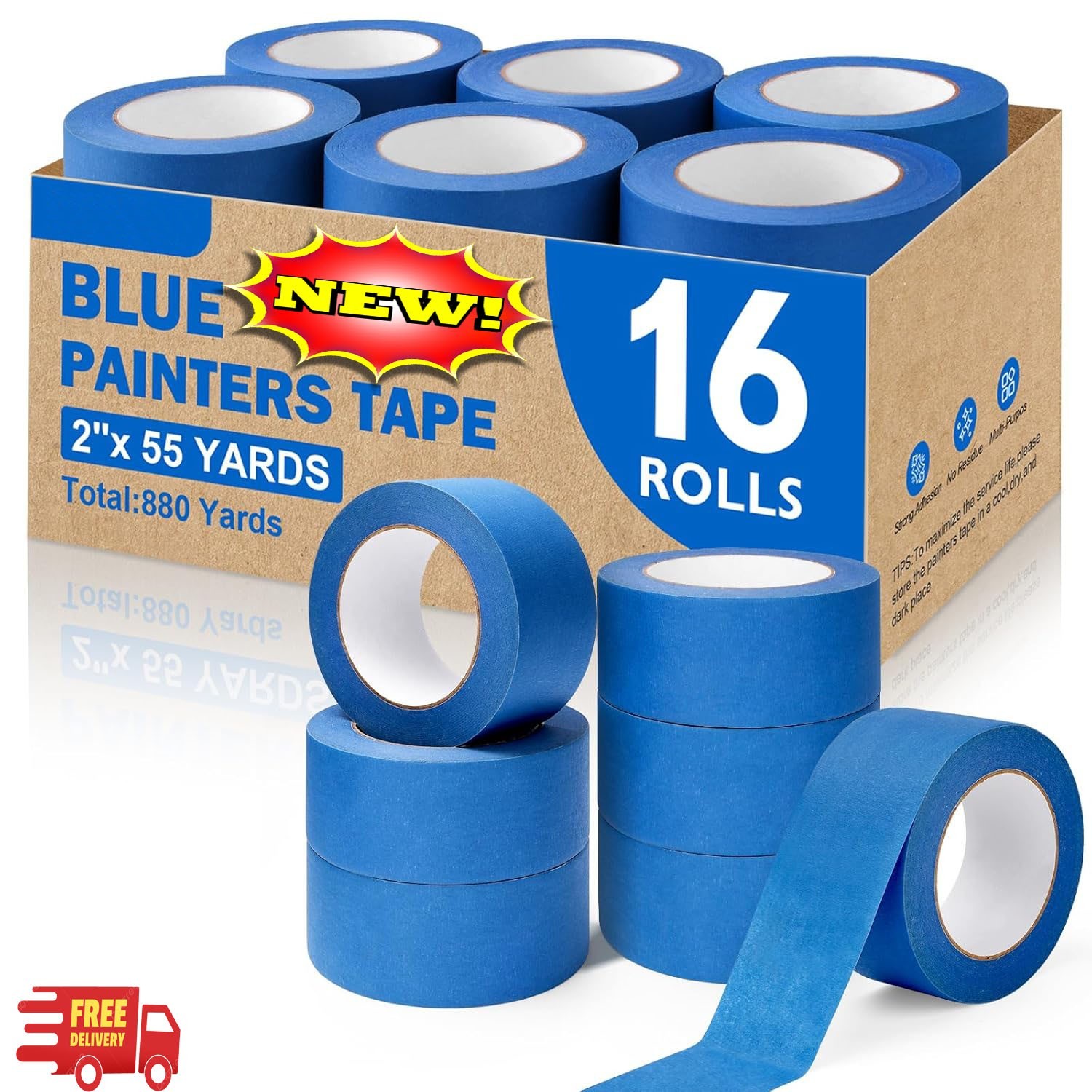 16 rollos de cinta de pintor de 5 cm de ancho, multiusos, sin residuos, azul, pa