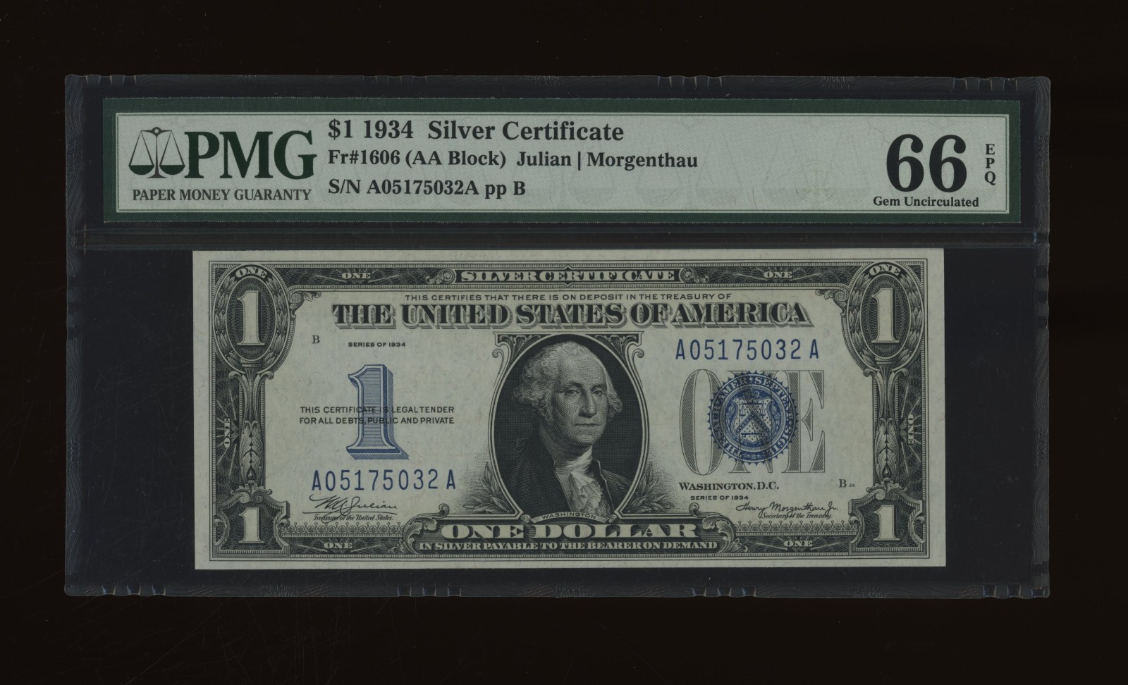 DBR 1934 $1 Silver Funnyback Fr. 1606 AA Block Gem PMG 66 EPQ Serial A05175032A