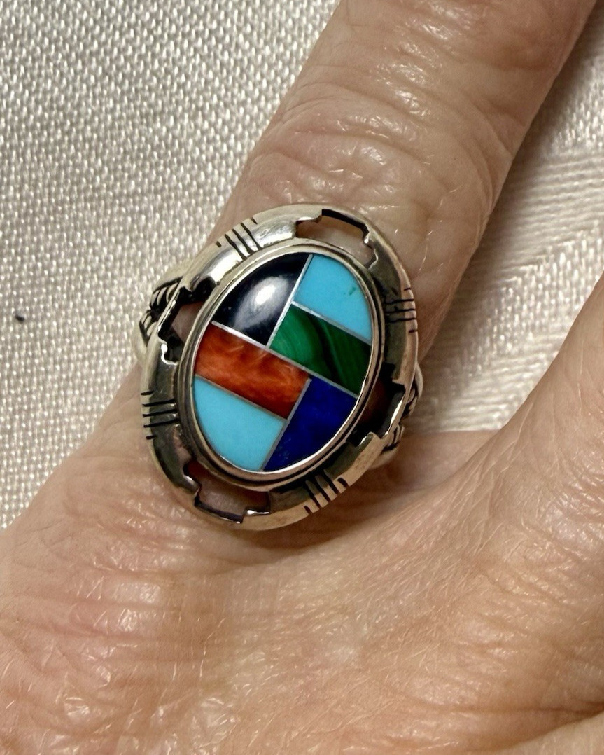 Vintage CAROLYN POLLACK Relios Sterling Silver Multistone Inlay Shield Ring Sz 6 Vintage CAROLYN POLLACK Relios Sterling Silver Multistone Inlay Shield Ring Sz 6
