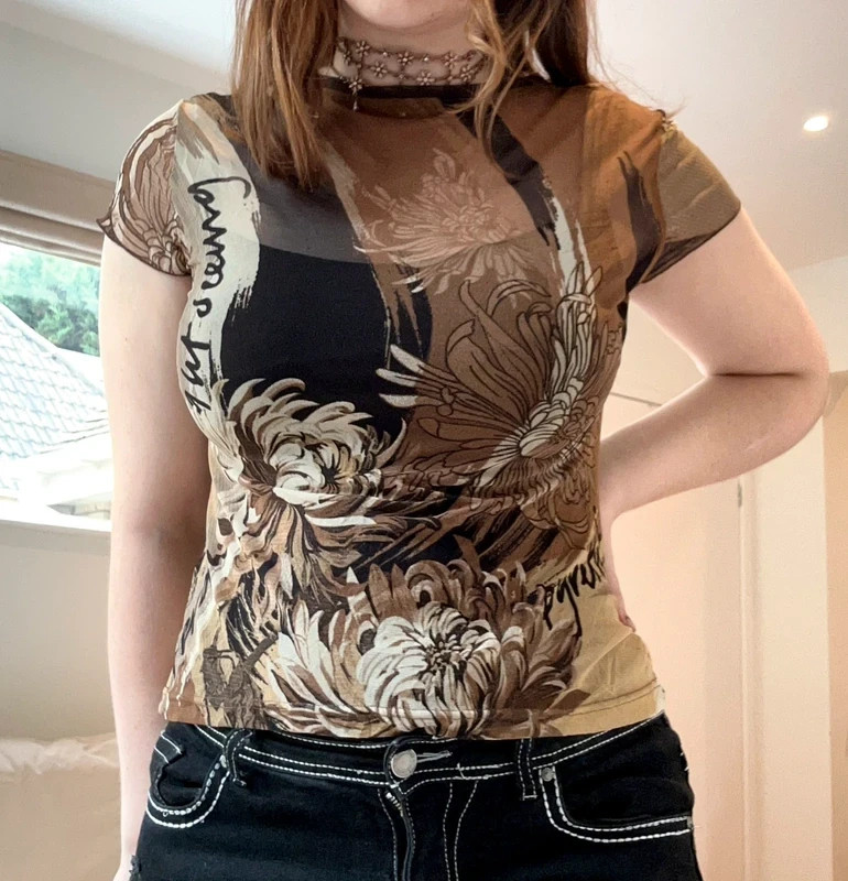 Vintage VIA FABURRICA Mesh Top Graphic Japanese Archive Y2K Harajuku Brown M 12