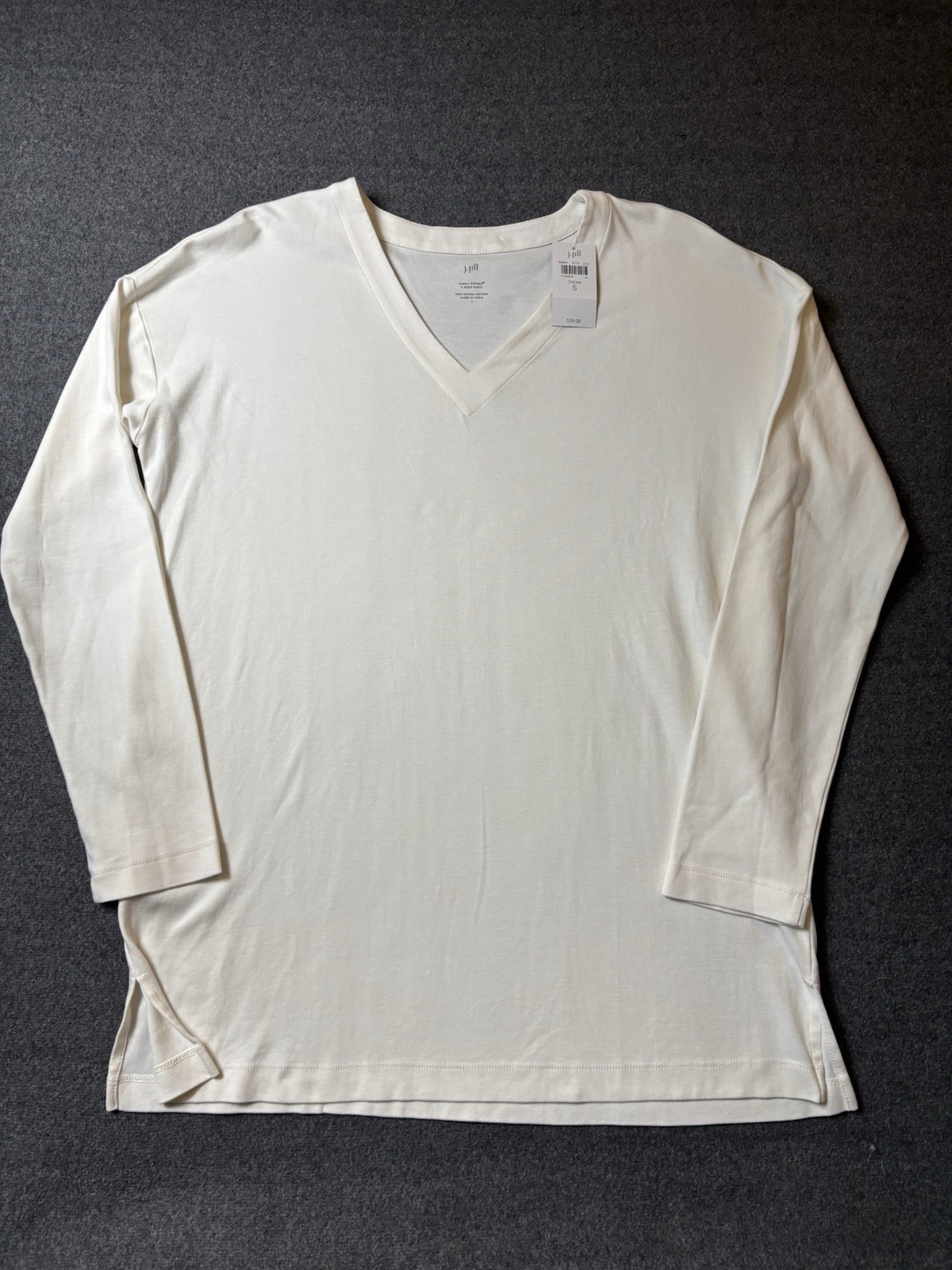 J.Jill Supima Cotton V Neck Tunic Top Cream Small S Long Sleeve NWT