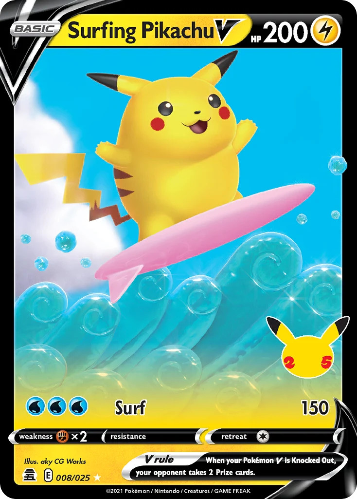 Surfing Pikachu V - 008/025 Celebrations Holo V Rare Pokemon - NM Surfing Pikachu V - 008/025 Celebrations Holo V Rare Pokemon - NM