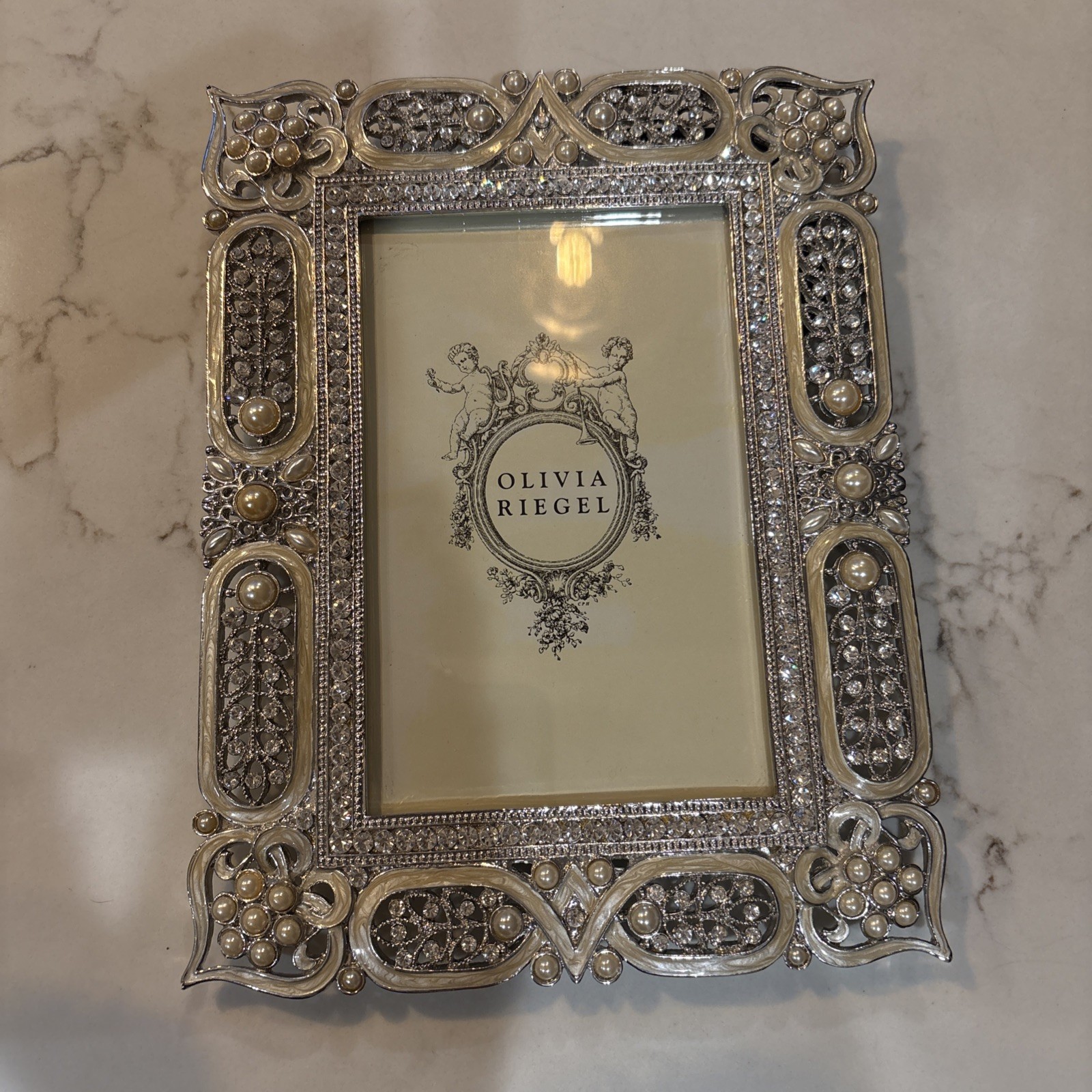 Olivia Riegel Pearl Crystal Jeweled Silver Tone Picture Frame 6 x 8” For 4 x 6”