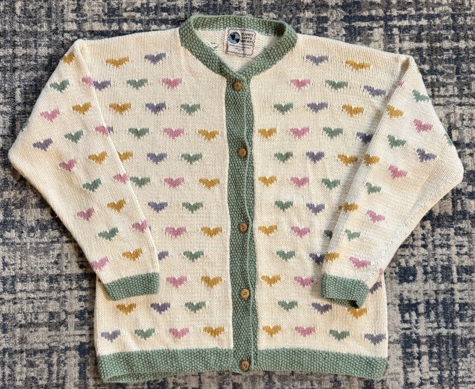 Vintage Planet Earth Imports All Over Print Heart 100% Cotton Cardigan Sweater M Vintage Planet Earth Imports All Over Print Heart 100% Cotton Cardigan Sweater M