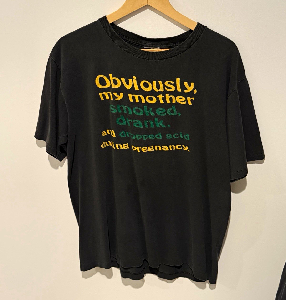 Vtg 80s Black Quote Graphic Print T-Shirt Cotton Jersey Size L Crew Neck Tee