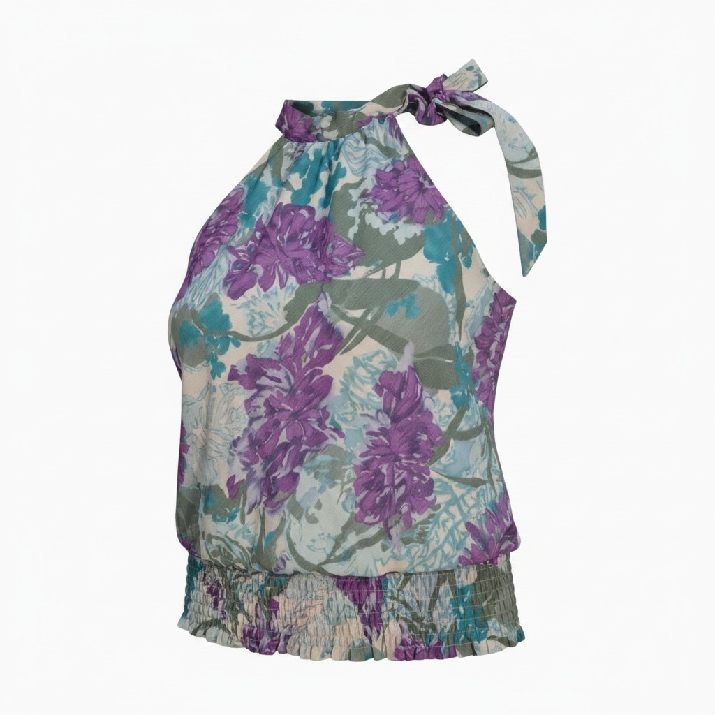 Cato Womens TopXL Blue Purple Floral Halter Neck Sleeveless Smocked Waist Blouse