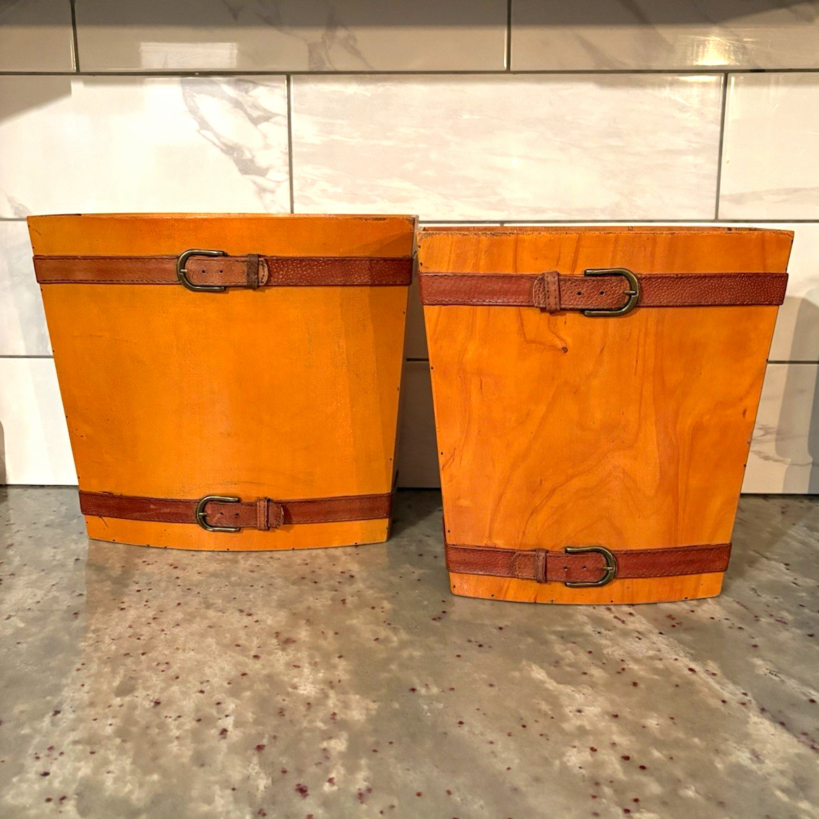 RARE Vintage  Global Views Wooden Waste Basket Leather Belts & Brass Buckles 