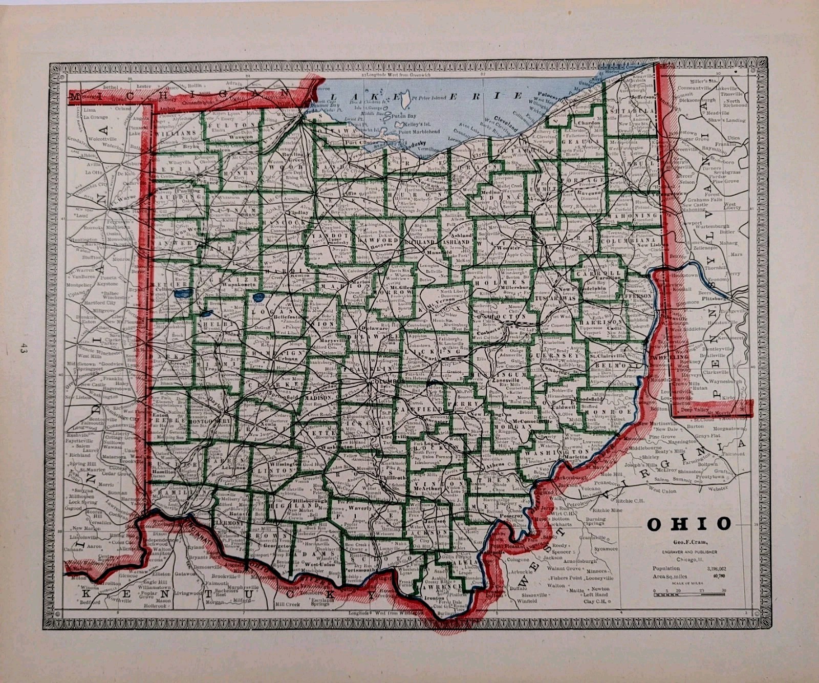 1883 OHIO Map ORIGINAL 12x9 Hand-colored Antique Clevland Cincinnati Columbus 