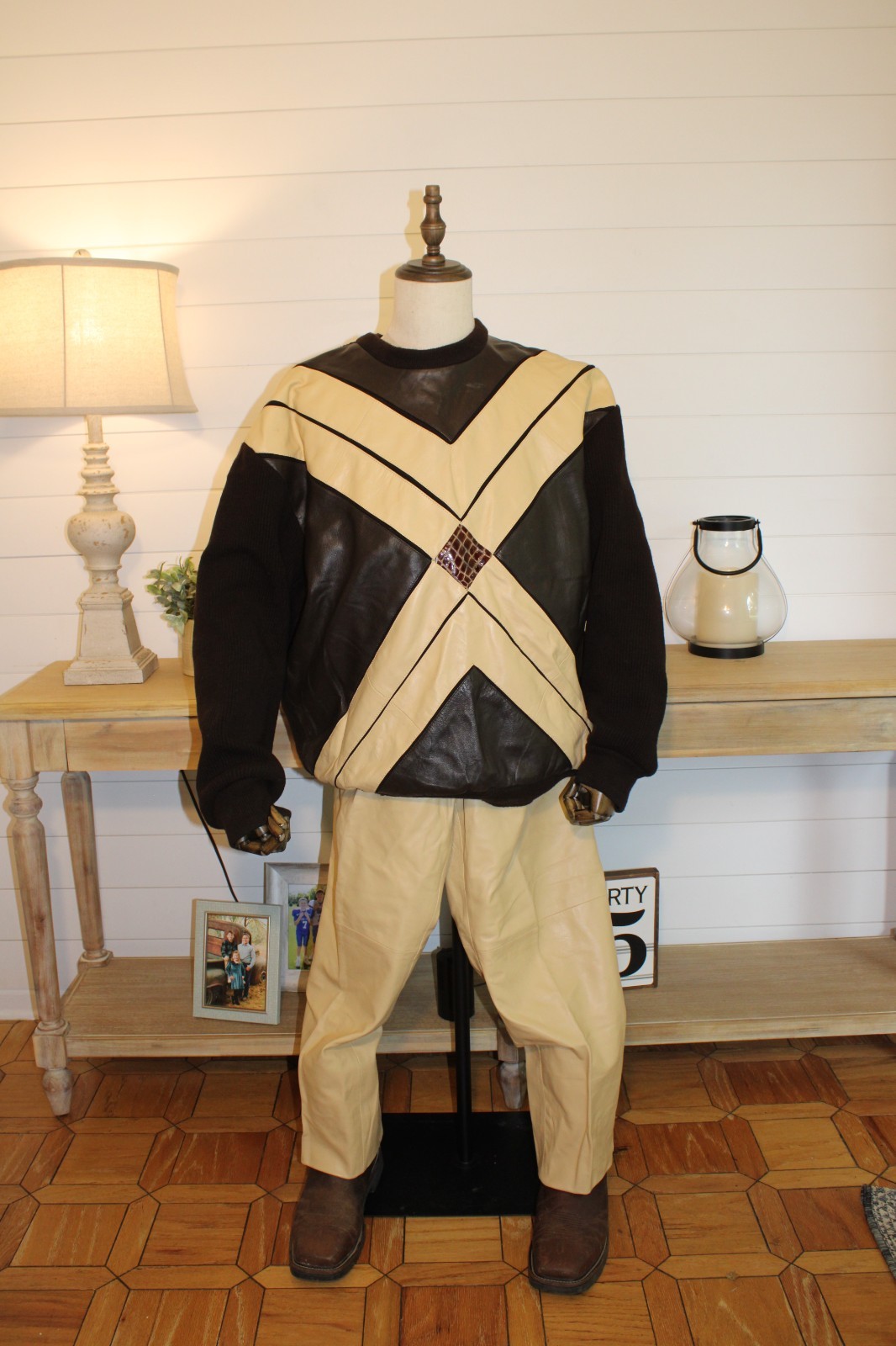 MANART Vintage Cream Leather Sweater Jacket & Matching Pants Set Real Lambskin