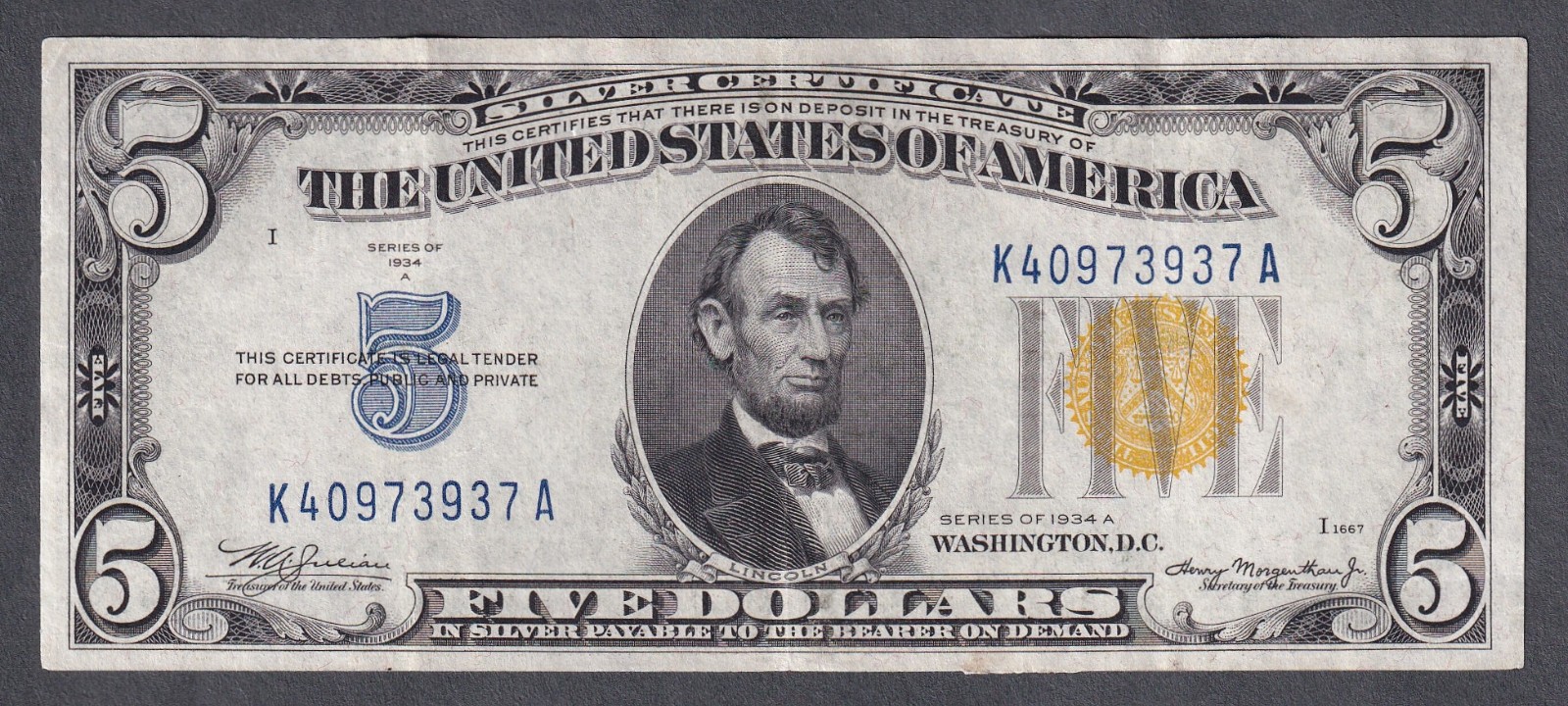 1934A $5 CRISP XF+ North Africa WWII EMERGENCY ISSUE Silver Certificate