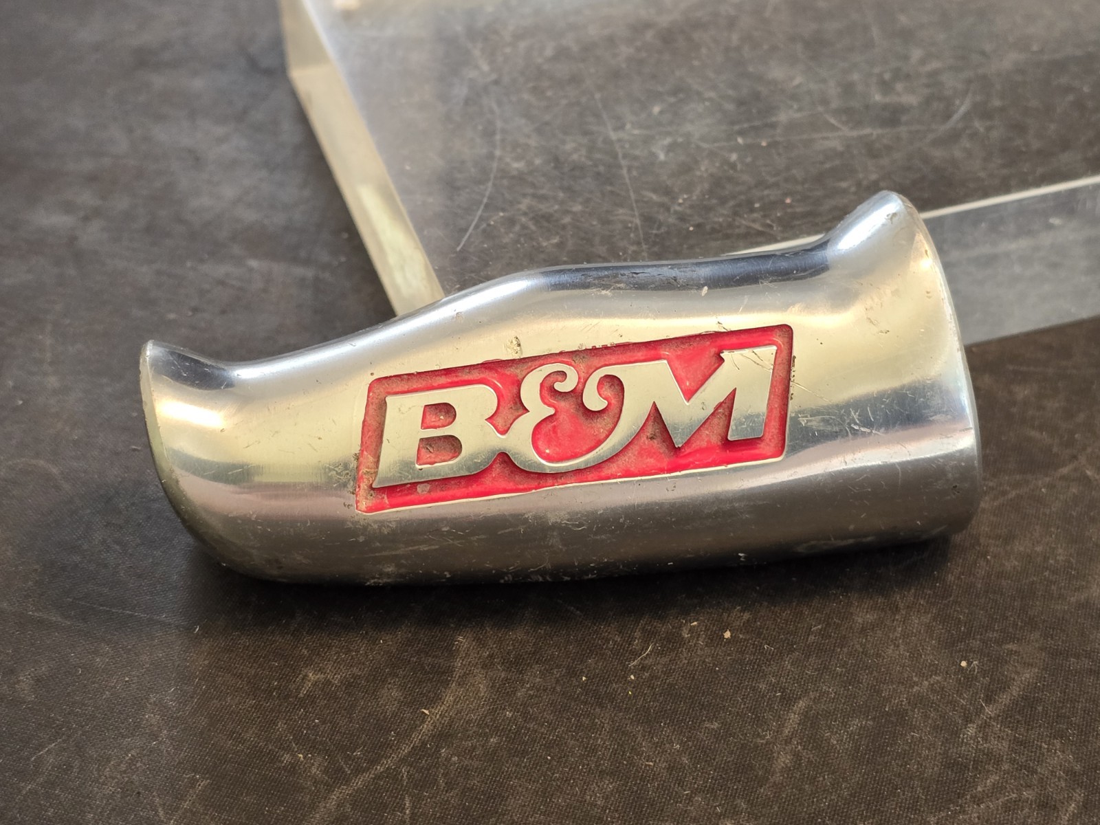 B&M Quicksilver T-Handle Shift Knob Polished Aluminum Red Logo Vintage Shifter