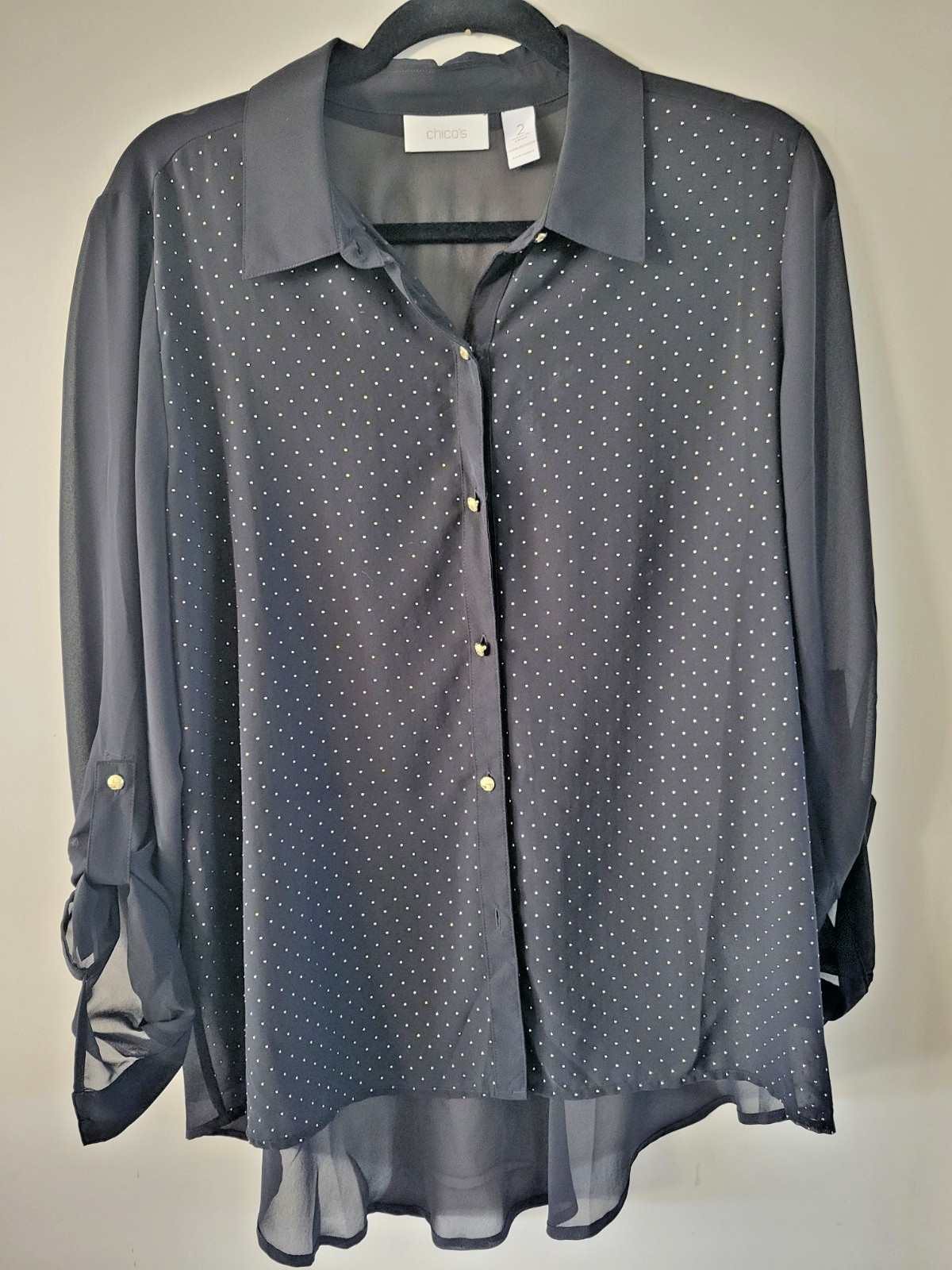 Chicos Black Sheer Studded Peplum Blouse L /  XL Gold Accents Dark Academia Goth