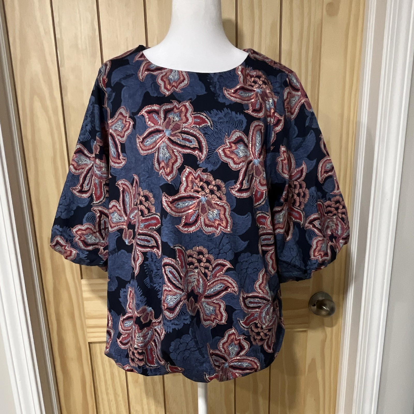 Chico\'s Women\'s Floral Blouse 3/4 Balloon Sleeve Blue Red Size 3 or XL