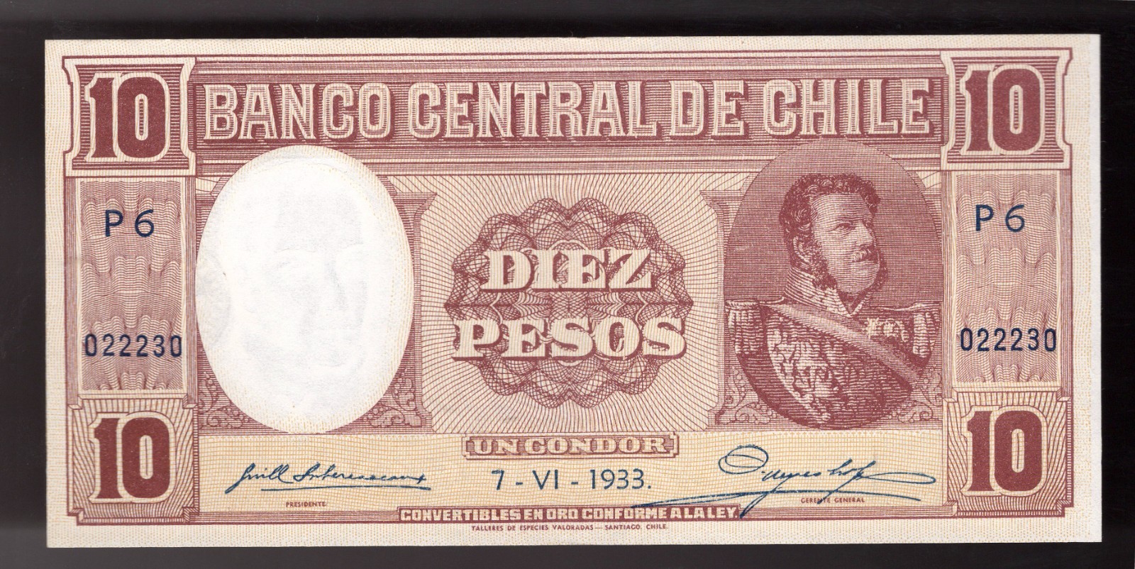 1933 CHILE 10 PESOS Pic # 92c AU (CRISP) 1933 CHILE 10 PESOS Pic # 92c AU (CRISP)
