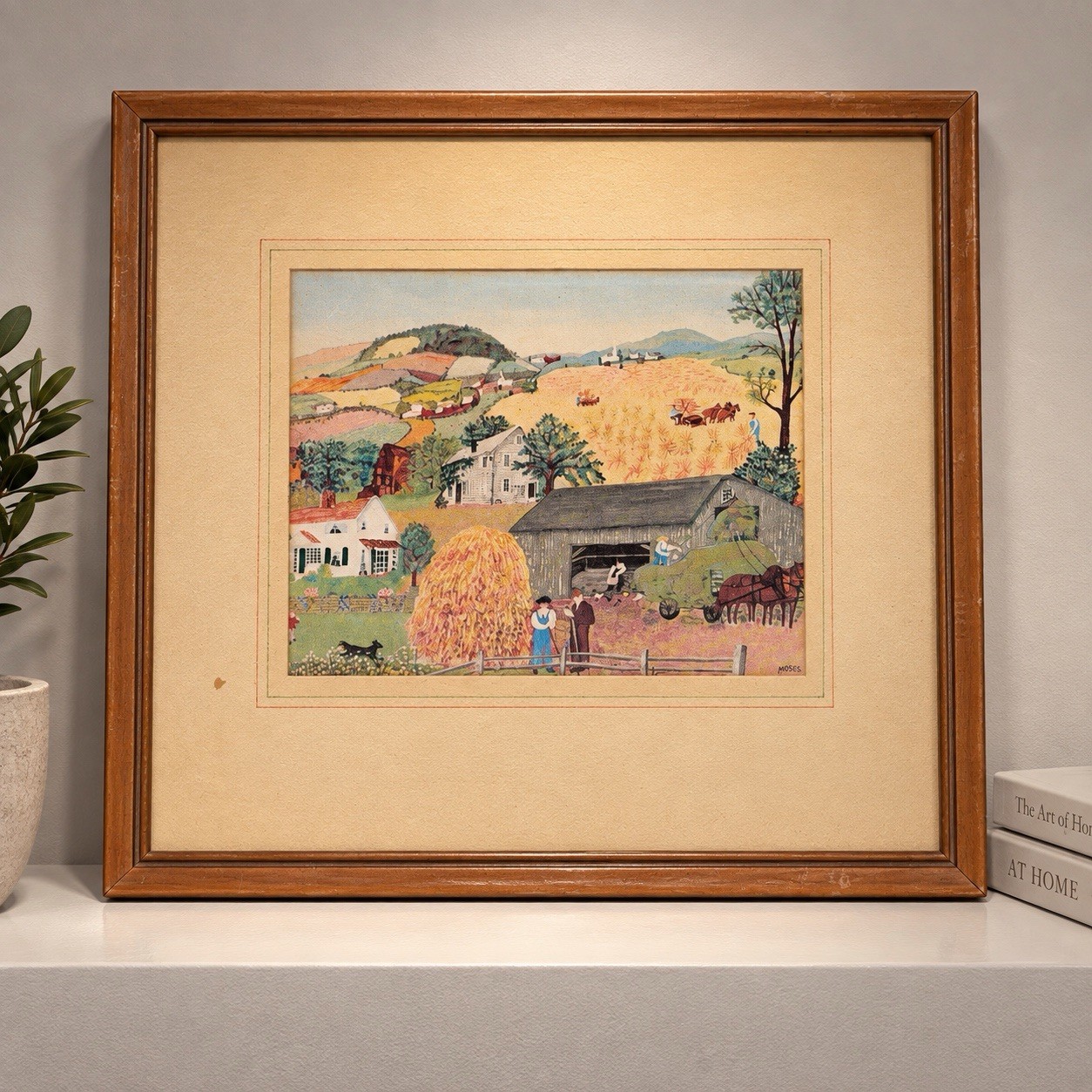 Vintage Grandma Moses Haying Time Framed Art Print Folk Americana Country Farm