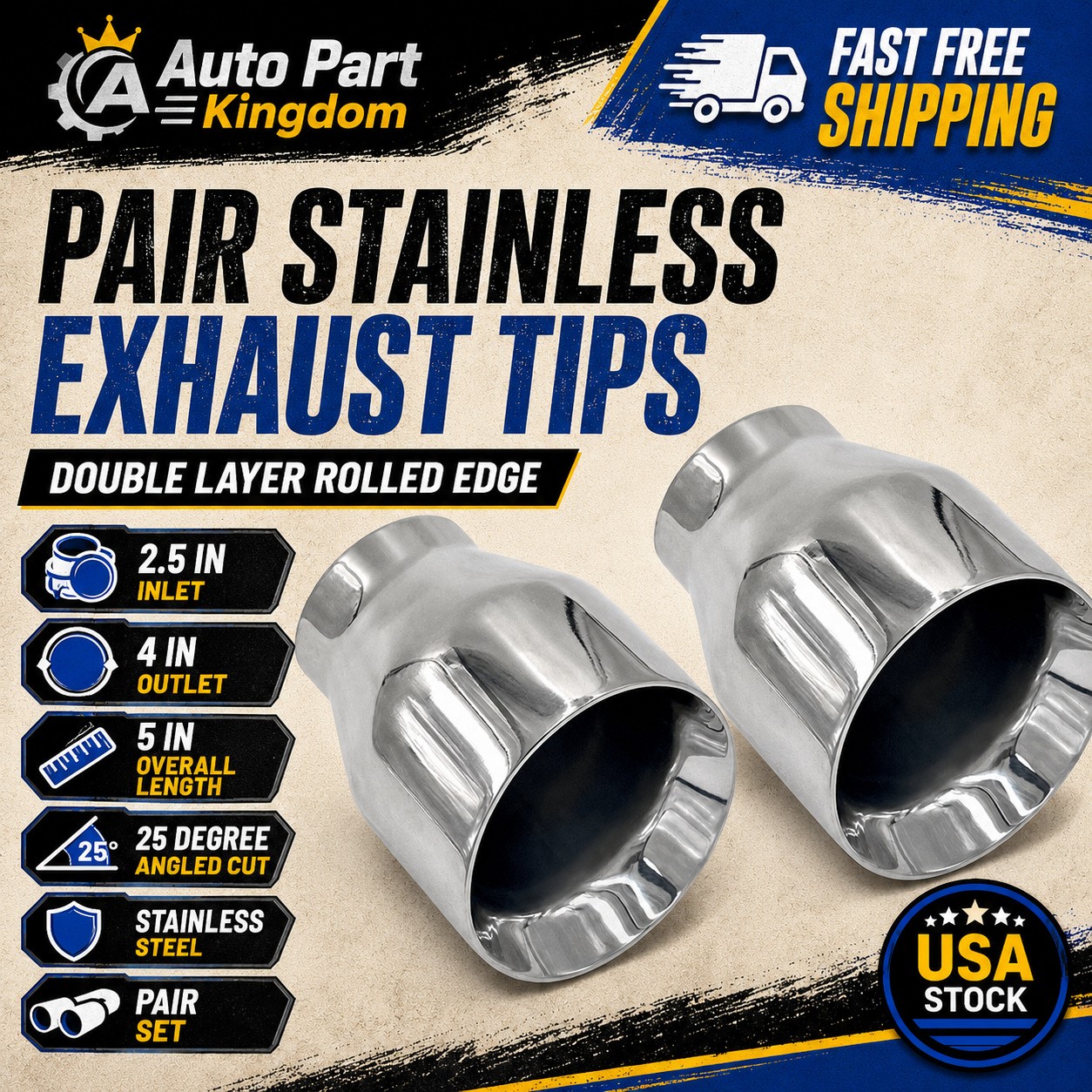 Pair Stainless Steel Exhaust Tip Duo Layer Angle 25° 2.5