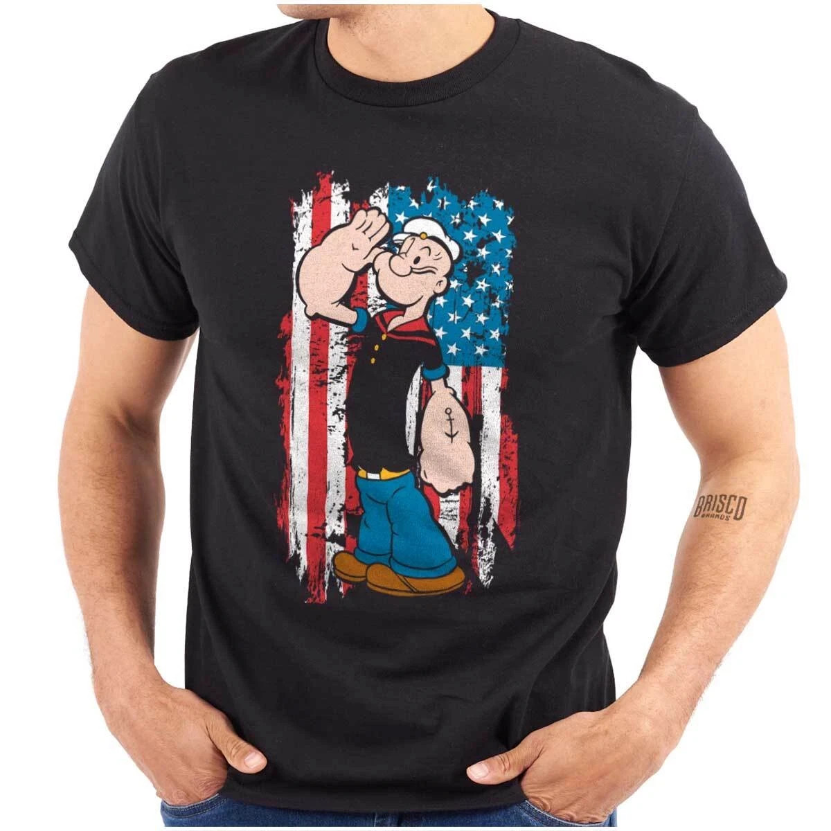 Popeye the Sailor Man Salute American Flag Womens or Mens Crewneck T Shirt Tee