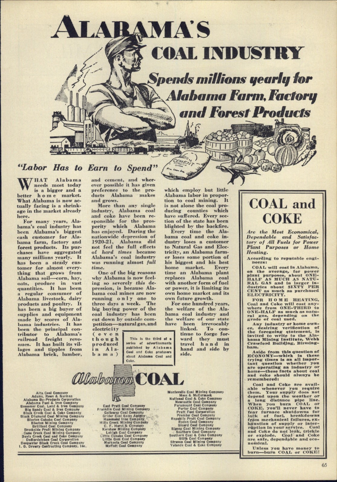 1930 PAPER AD Alabama\'s Coal Industry 