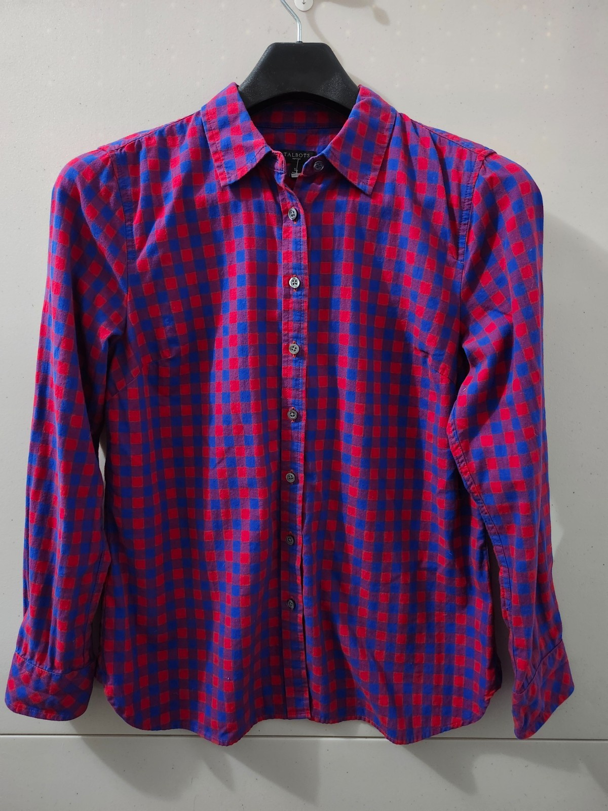 Talbots Top Womens S Pettie Red Blue Flannel Button Up Gingham Plaid Cotton